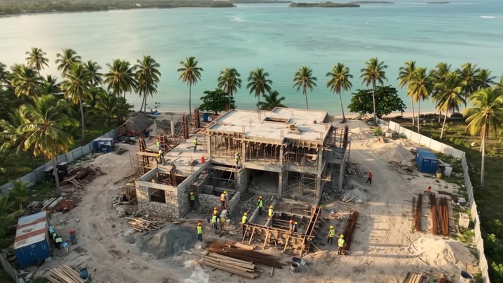 Chantier de gros œuvre entouré de cocotiers à Sainte-Marie