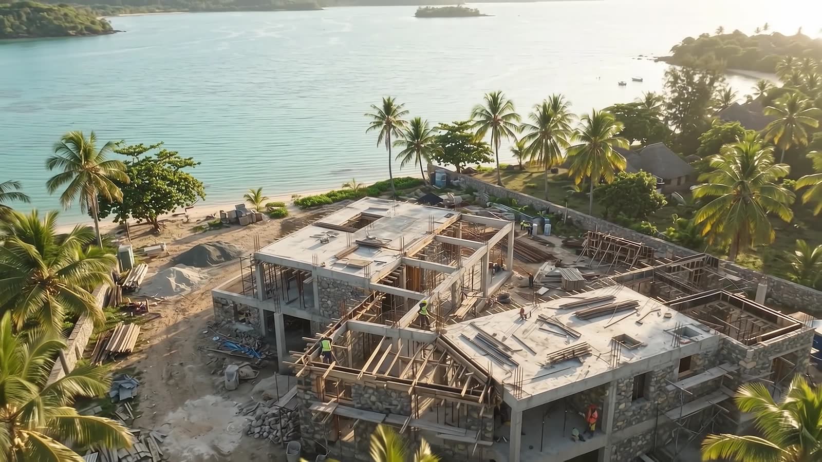 Structure en béton armé en cours de construction au bord du lagon